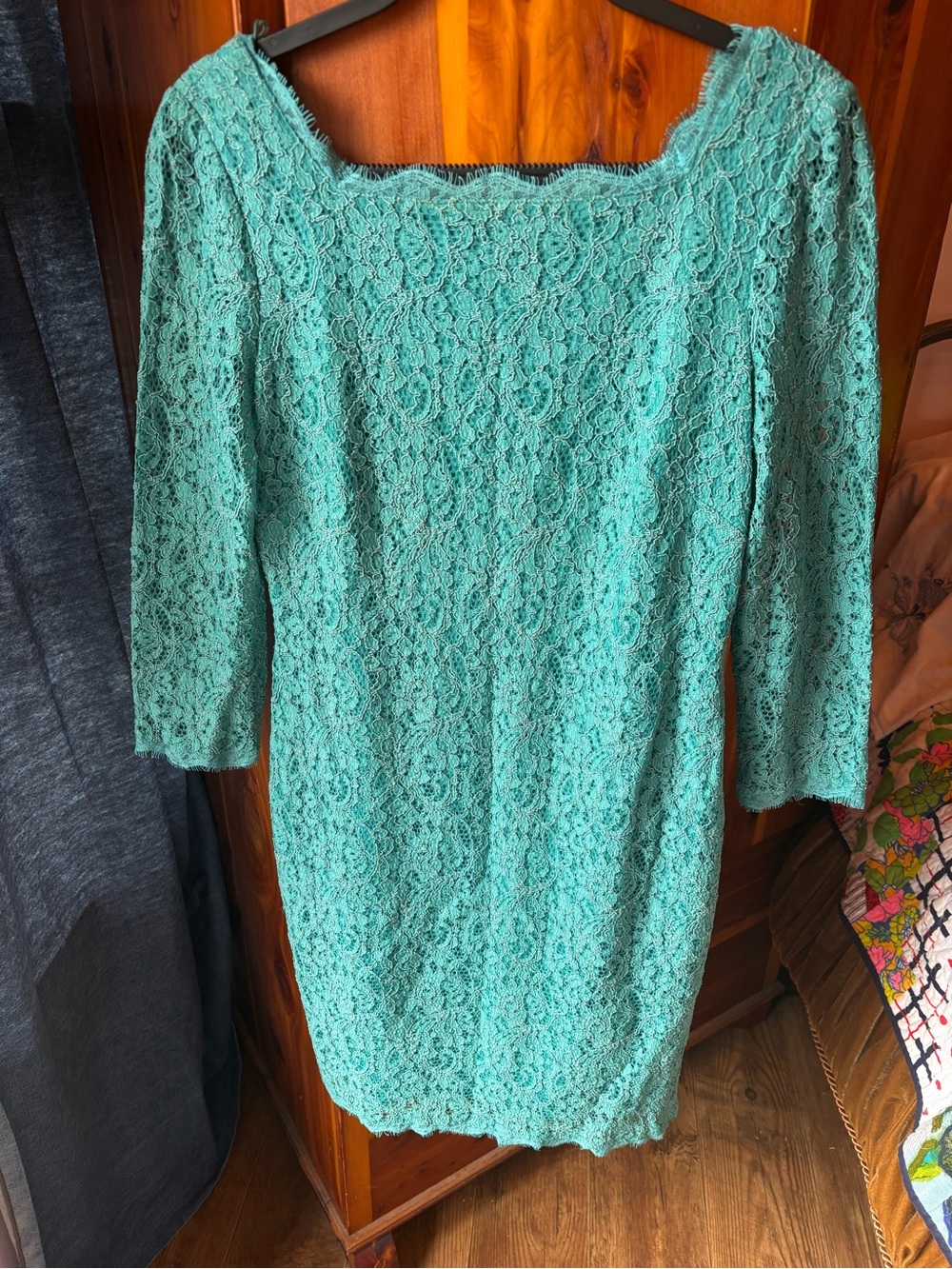 Adrianna Papell Teal Lace Long Sleeve Sheath Dress - Square Neck